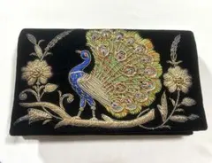 インド民芸品　ザリ刺繍　クラッチバッグ パーティーバッグ　孔雀と花