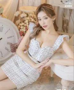 新品タグ付　フリル袖チェック柄ツイードフロントジップノースリーブタイトミニドレス