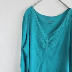 レディース ターコイズ 花柄刺繍付き　Vネックカットソー【XL】