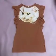 あちゃちゅむ スーピマ天竺ねこ顔 チュニック フリル袖 ロング丈 Sのサムネイル