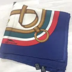美品✨LONGCHAMP ロンシャン シルク スカーフネイビー×ゴールド　定番柄