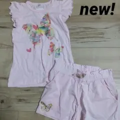 新品 蝶のプリント Tシャツとショートパンツセット　パステルピンク