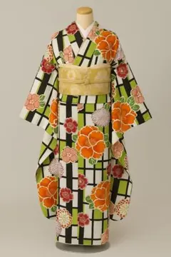 [極美品] 洗える　本振袖　白　緑　格子　成人式　結婚式　振袖　礼装　高身長