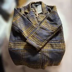 新品　ブラウン系チェック柄ダブルブレストコート