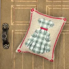 ピンクッション　クロスステッチ　レトロワンピース　グリーングレーギンガムチェック
