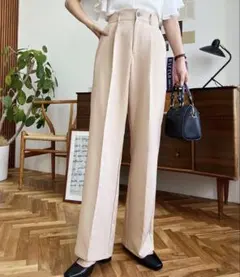 moment+ カットジョーゼットセンタープレスストレートスラックスパンツ