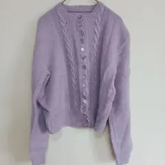 ヴィンテージ風 ざっくり編み ケーブルニット カーディガン 紫 パステルカラー