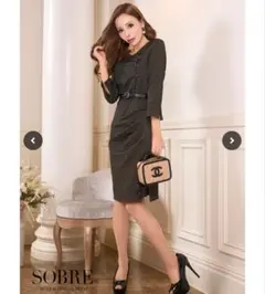 SOBRE ソブレ ドレープストレッチニットワンピース L 黒 ベルト付