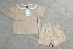 韓国子供服 セーラー襟 セットアップ半袖シャツショートパンツ ベージュ110cm