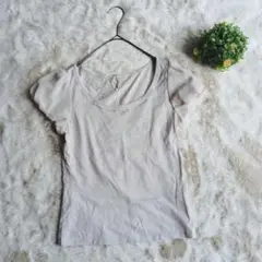 ROPE パフスリーブカットソー Tシャツ M　ベージュ　ラインストーン　上品