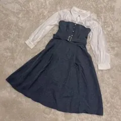 axes femme 襟付ビスチェ切替ワンピース　シャツ　ボタン　ビジュー　紺