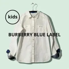 バーバリーブルーレーベルキッズシャツ 36 ホワイト ロゴ刺繍 ノバチェック袖