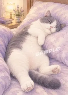 【2枚1000円】猫アート｜ラベンダー色の夢の中♪ハチワレ猫 2L