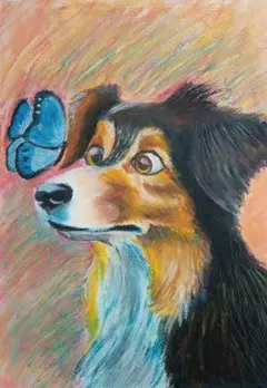 「蝶と犬」 オイルパステル画　絵画アート 原画