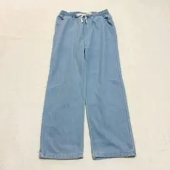 デニムワイドパンツ◆ハイウエスト 裏起毛 ストレッチ性 インディゴ 楽ちん