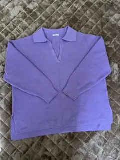 Vネック ポロ襟 セーター 長袖 パープル M