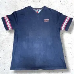 【Tommy Jeans】胸元　ワンポイントロゴ　Tシャツ　古着　ネイビー　L