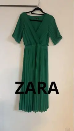 ZARA グリーン プリーツ 半袖ワンピース M
