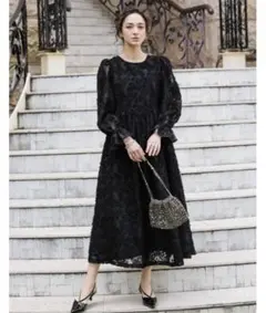 フラワージャガードシアーフレアワンピース　M