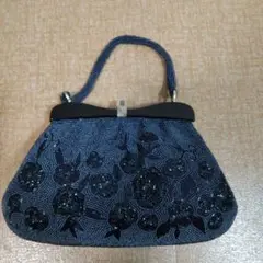 ネイビー ビーズ刺繍 和装用バッグ