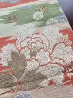 アンティーク袋帯☆大正ロマン☆OT1ベージュベースに朱やグリーンのラインと芍薬