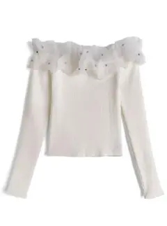 【GRL】ビジューオーガンジーフリルオフショルダーニットトップス