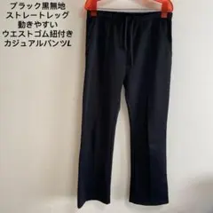 ブラック黒無地ストレートレッグ動きやすいウエストゴム紐付きカジュアルパンツL