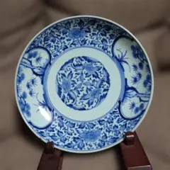 ⭕AH85 古伊万里 染付 葡萄蔓・菊唐草文 中皿 直径20cm 無傷 江戸中期