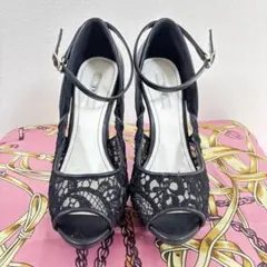 レース素材 ブラック サンダル 高ヒール