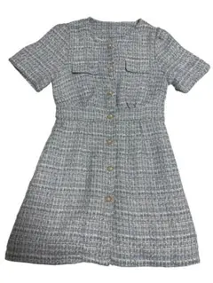 青と白のツイード半袖ミニワンピース