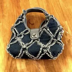 デニムブルー フリンジ装飾ハンドバッグ