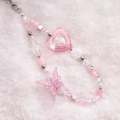 ピンク 蝶 ビーズキーホルダー 韓国風 ハンドメイド バッグチャーム