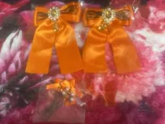 ヘアクリップ　リボン　オレンジ　パール　3点セット