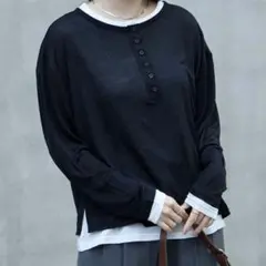 レイヤード配色デザイン シアー ヘンリーネックロンT