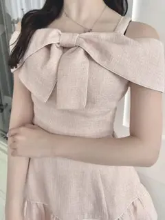 evelyn リボンツイードオフショルセット ピンク