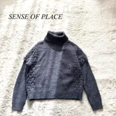 J1【センスオブプレイス】タートルネックニット　長袖　フリンジ　ネイビー　F