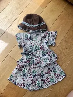 女の子　花柄甚平と帽子セット　お祭り浴衣