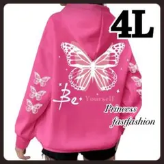 【4L／濃ピンク】蝶々 パーカー 大きいサイズ レディース 裏起毛なし
