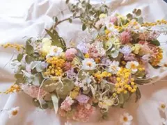 春色のハーフリース　ドライフラワー　Mimosa　ミモザ　スターチス