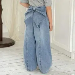 キッズ　バックリボン　デニム　ライトウォッシュ ゴムウエスト 115