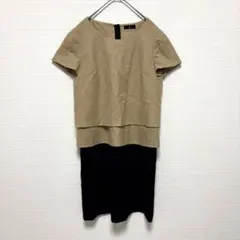 INED 上下切替 ウール ワンピース レイヤード ベージュ×黒 9号 半袖