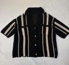 【美品】ローリーズファーム編み半袖ニットサマーカーディガン黒×ベージュ