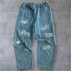 【美品】ストリート系 グラフィティプリント ワイド デニムパンツ Lサイズ 青のサムネイル