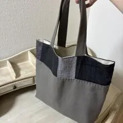 リネン　トートバッグ　パッチワーク　刺し子　ハンドメイド