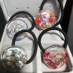 メ*6様 レジンヘアゴムシェルとドライフラワーレジン製ヘアゴム4個セット直径約３