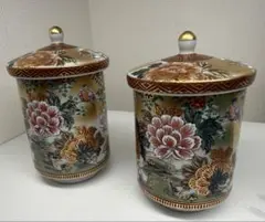 アンティーク　九谷錦山　花鳥金彩図　牡丹　 蓋付き 夫婦湯呑セット
