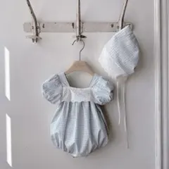 クマさんレースチェックブラウスロンパース　monbebe sサイズ