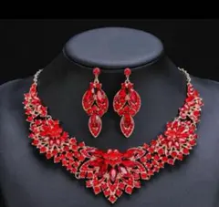 【ダンスに】花モチーフ ネックレス＆イヤリングセット 赤　レッド　結婚式