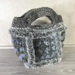 【ハンドメイド】 トートバッグ モチーフバッグ ブルー × ブラック かぎ針編み