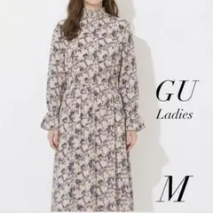 GU ジーユー 花柄 総柄 フレア袖 長袖 ロングワンピース M